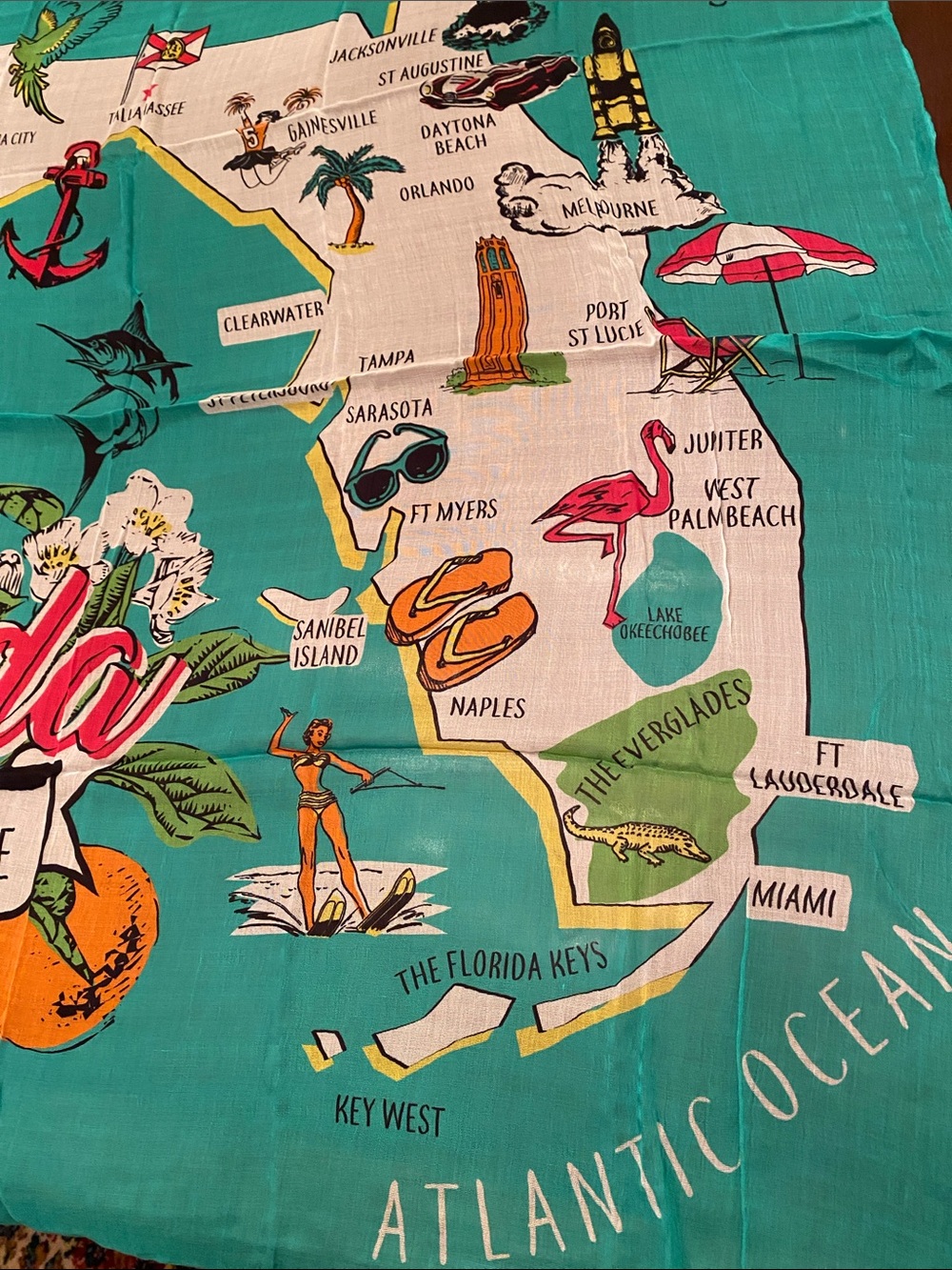 Florida Sunshine State Scenic Beach Scarf - Teal & Pink & Orange & White - Picture 3 of 3